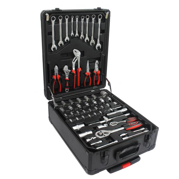 Black Manual Toolbox With 4 Layers Of Tool Sets And Wheels