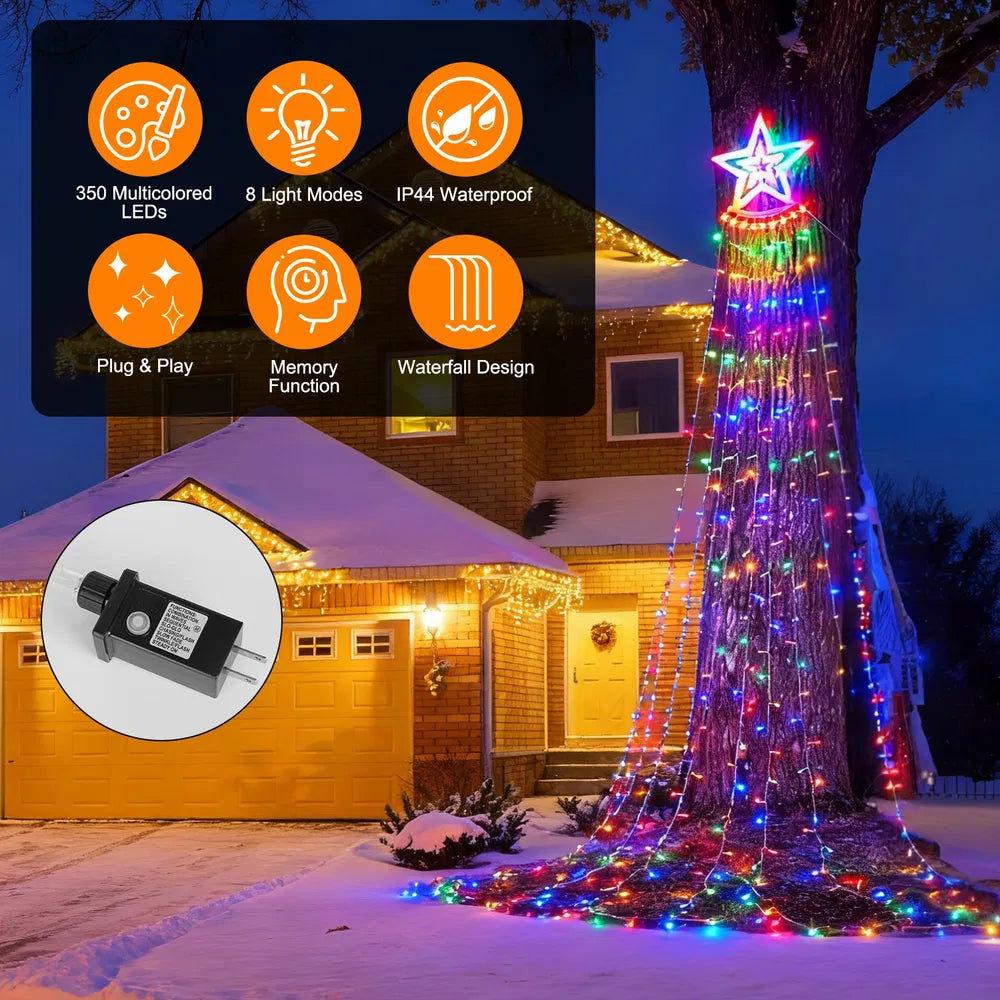 1Pc 11.48FT 350LED Multicolored Christmas Star Waterfall Tree String Light Indoor Outdoor Waterproof String Lights With Star Topper 8 Light Modes Memory Function For Holiday Wedding Yard Party Home