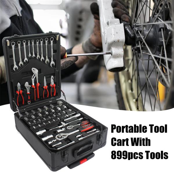 Black Manual Toolbox With 4 Layers Of Tool Sets And Wheels