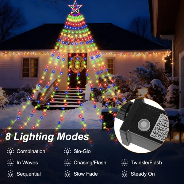 1Pc 11.48FT 350LED Multicolored Christmas Star Waterfall Tree String Light Indoor Outdoor Waterproof String Lights With Star Topper 8 Light Modes Memory Function For Holiday Wedding Yard Party Home