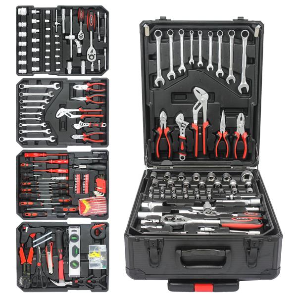 Black Manual Toolbox With 4 Layers Of Tool Sets And Wheels