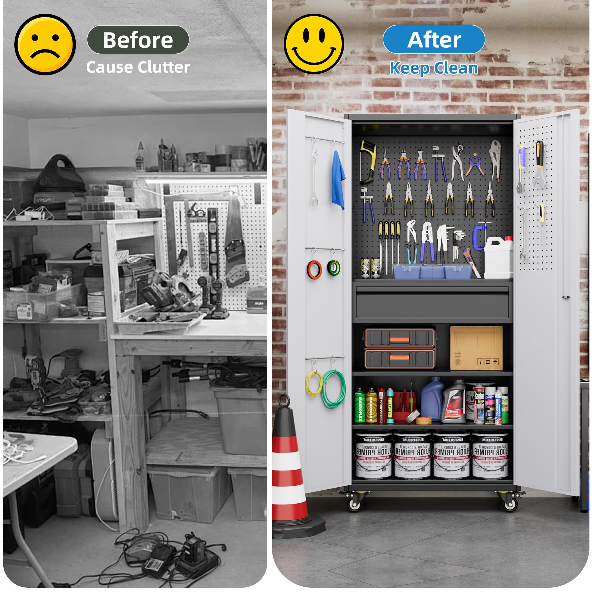 71 Inch High Metal Storage Cabinet On Wheels With 5 Pegboards And 1 Drawer, Lockable Steel Tool Cabinet For Garage, Warehouse, Assembly Required, Black Gray